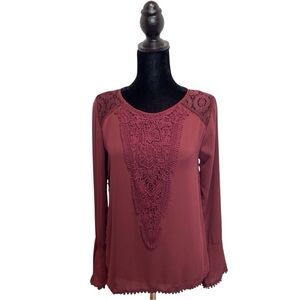 CoCo + Jameson Women's Blouse Long Sleeve Lace/Polyester Burgundy Size-M EUC